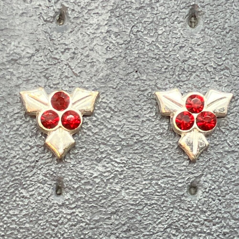 Christmas Holly Stud Earrings Sterling Silver 925 Red Rhinestone Leaf Leaves